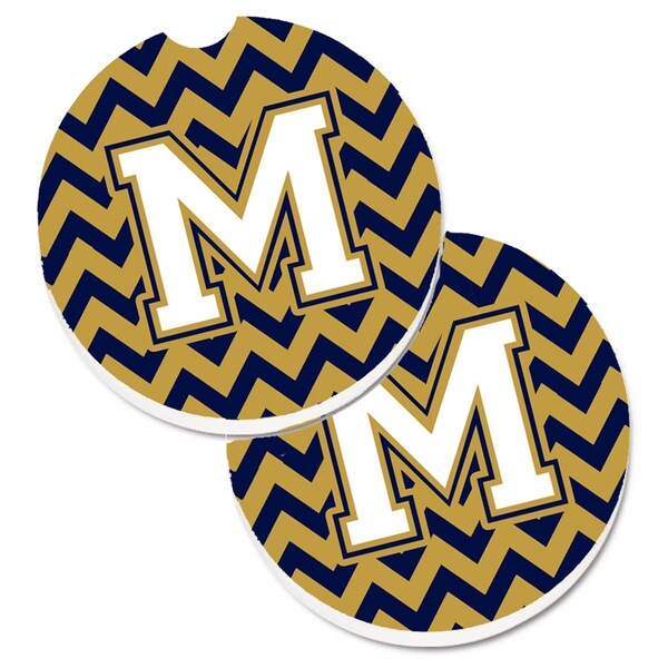 Carolines Treasures Letter M Chevron Navy Blue and Gold Set of 2 Cup Holder Car Coaster CJ1057-MCARC - main